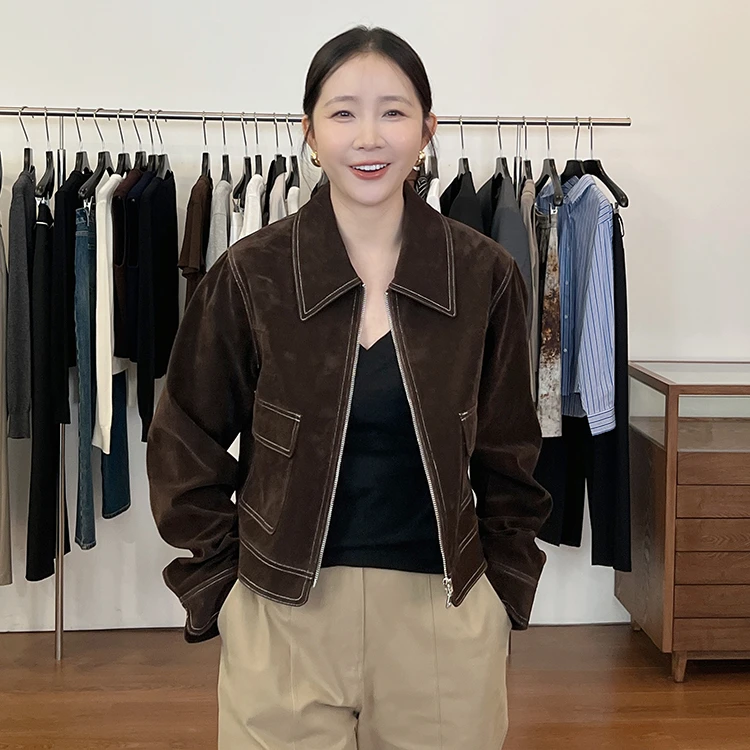 widelia陈姬儿秋季韩版小个子短款复古咖色明线拉链外套女9136