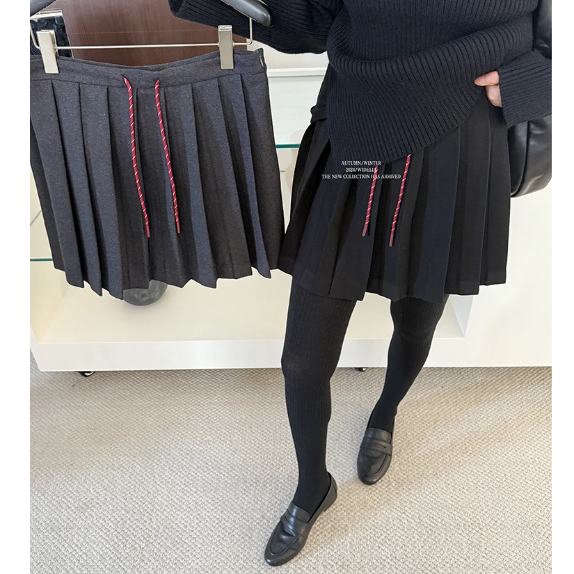 widelia陈姬儿冬季韩版高级感撞色抽绳百褶裙高腰A字半裙9369