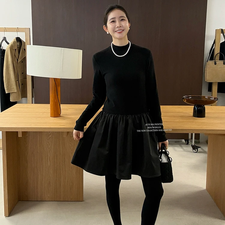 widelia陈姬儿冬季新款立领打底衫拼接半身蓬蓬裙黑色连衣裙9375