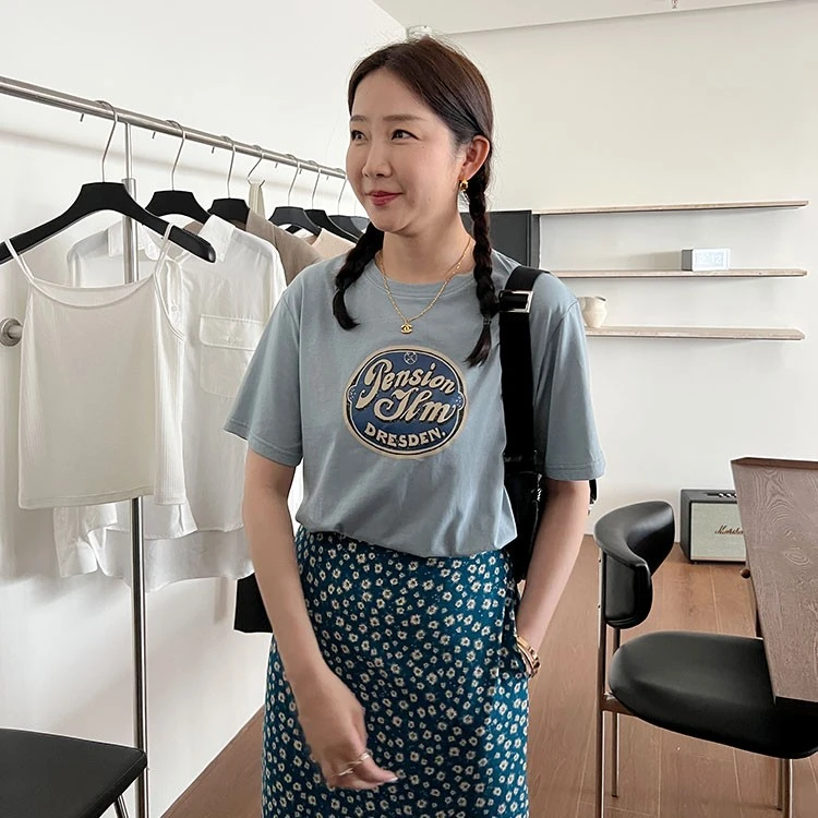 widelia夏季韩版圆领字母印花T恤女百搭减龄蓝色短袖上衣7213