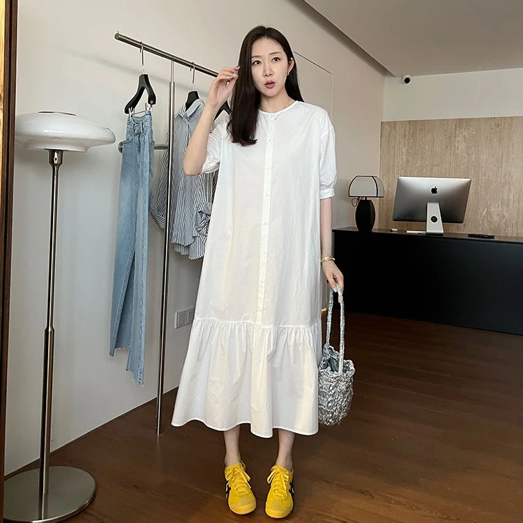 widelia2025夏季韩版设计感白色衬衫中长款宽松大摆连衣裙7222
