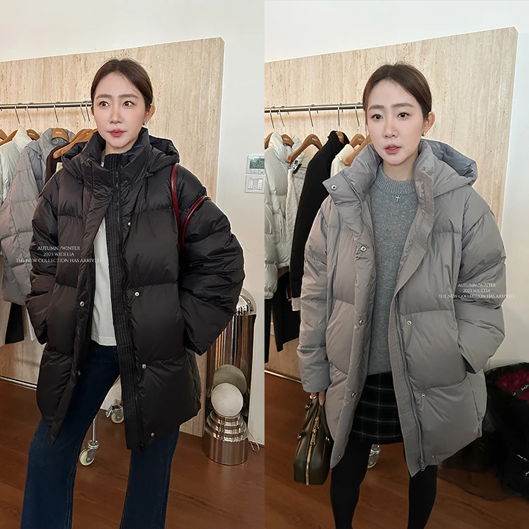 widelia冬季韩版百搭黑色羽绒服中长款加厚连帽外套女9320