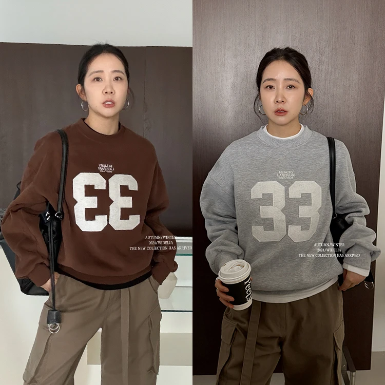 widelia陈姬儿冬季韩版加绒数字圆领卫衣女休闲风宽松上衣9359