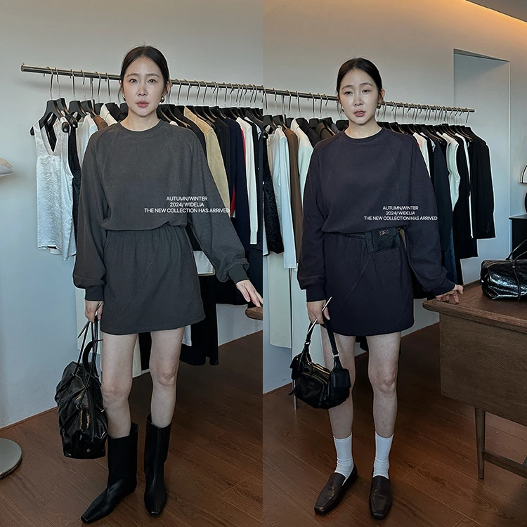 widelia陈姬儿秋季韩版小众纯色线条感假两件卫衣裙连衣裙9152