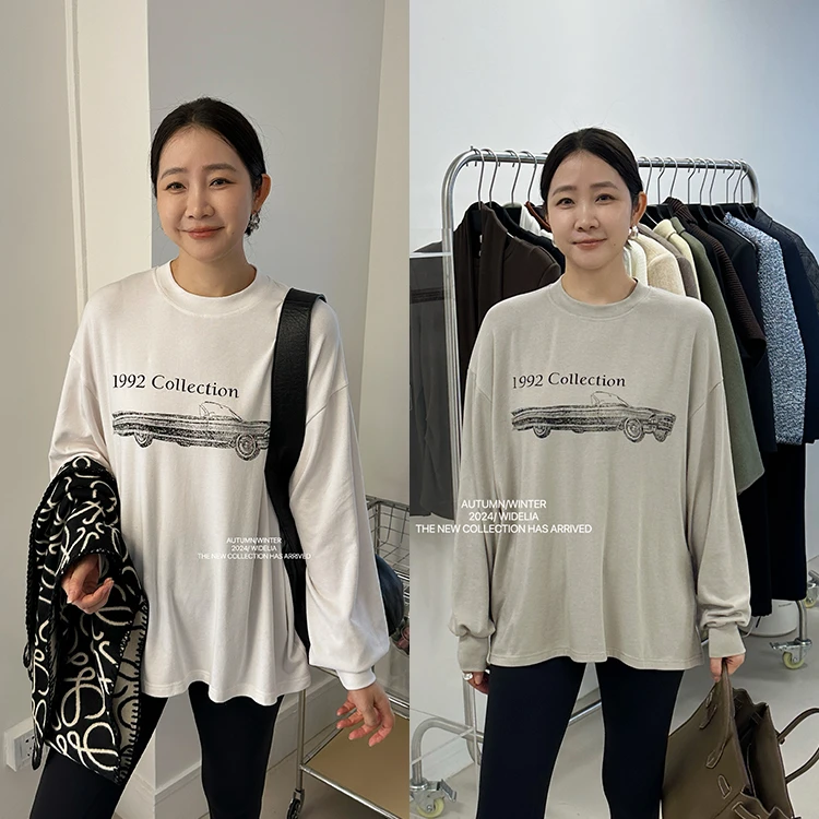 widelia陈姬儿秋冬简约字母印花T恤女百搭圆领宽松长袖打底衫9237