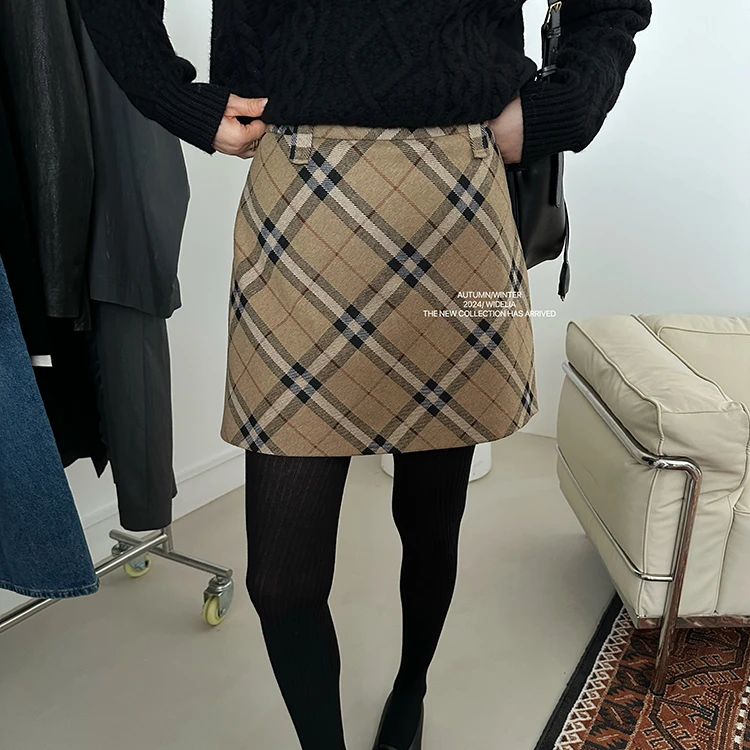 widelia陈姬儿冬季新款复古格纹短裙女高腰显瘦半身裙包臀裙9276