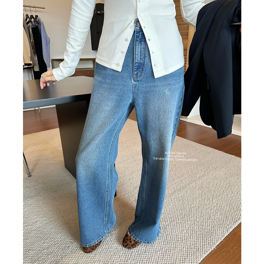 widelia陈姬儿秋季韩系水洗蓝色牛仔裤女显高显瘦休闲直筒裤17012