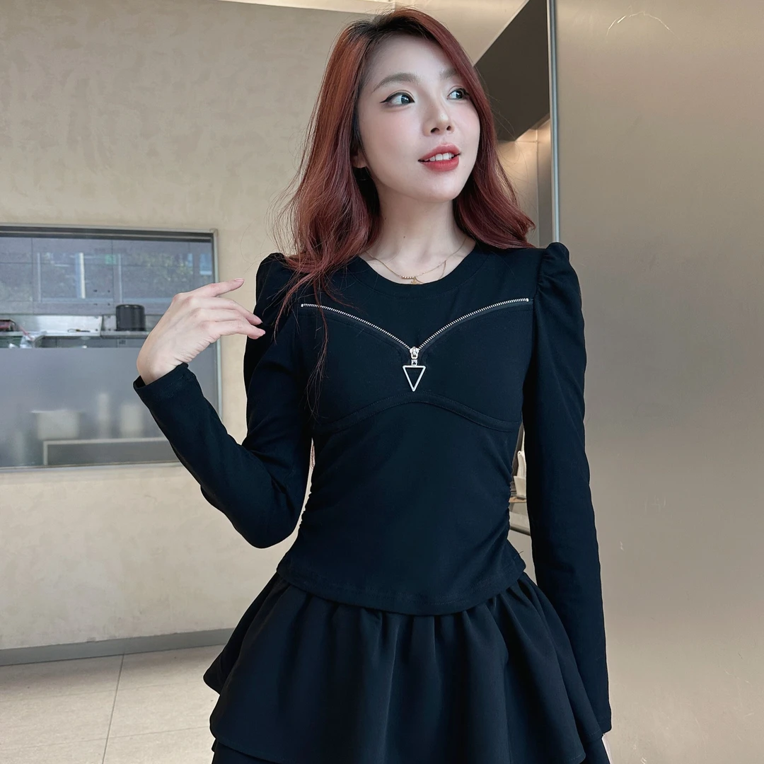 装饰拉链弧形设计长袖秋冬新款时尚显瘦修身设计感气质短款上衣女