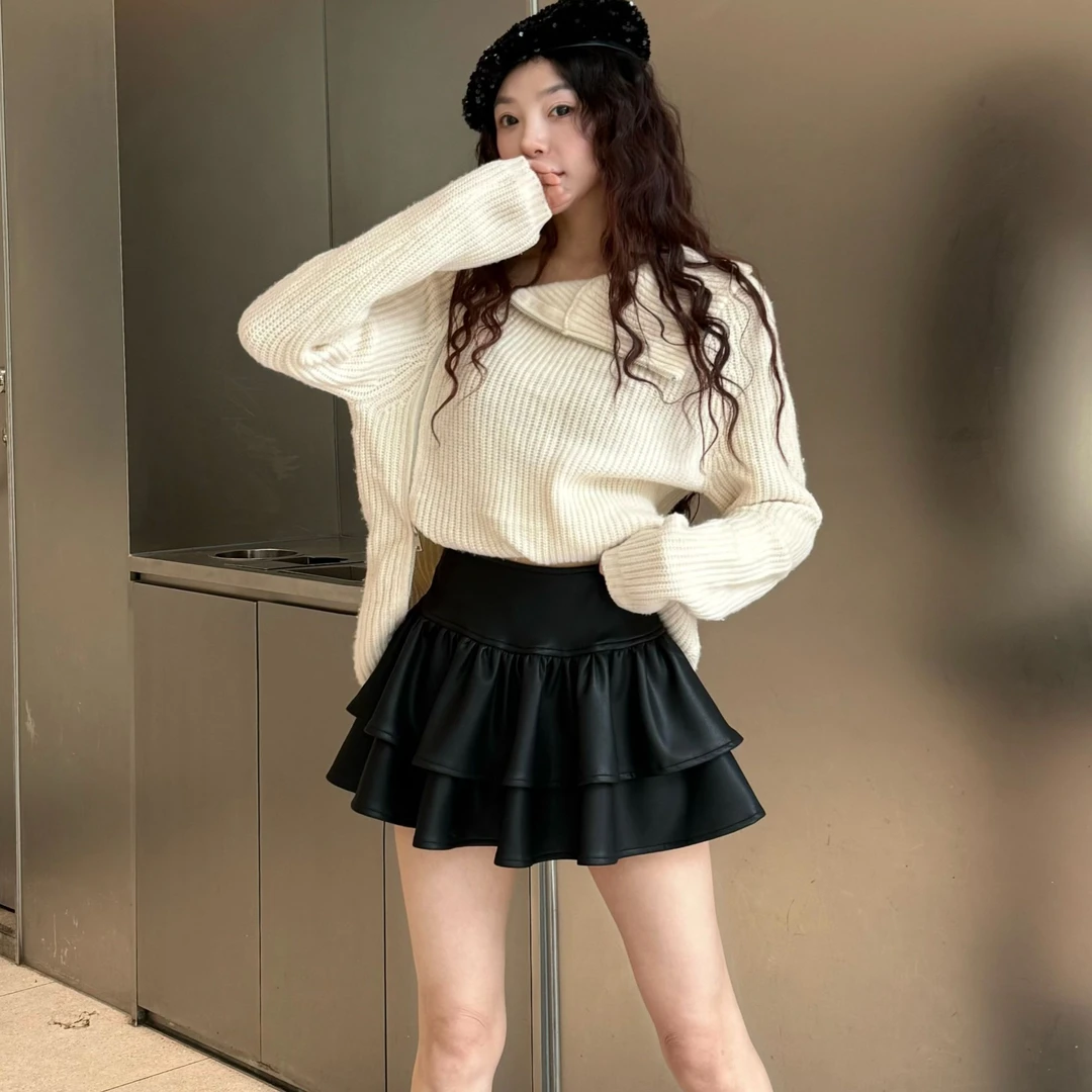 重工双层荷叶边拼接高腰皮短裙库新显高显瘦洋身黑色pu皮半身裙