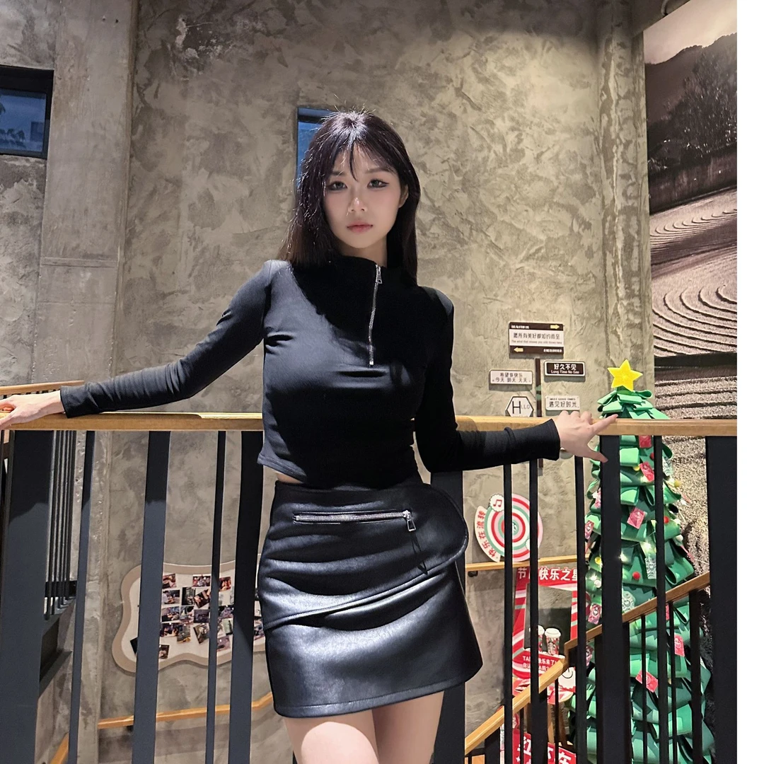 装饰魔术贴拉链小A包臀短裙时尚洋气显高显瘦半身高级pu皮半身裙