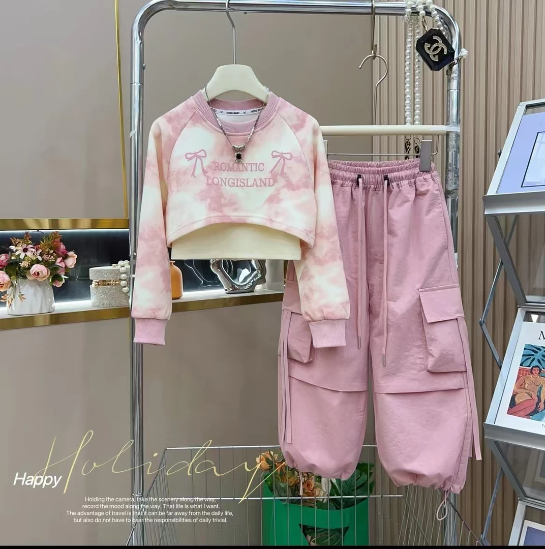 女童春装新款爆款儿童风洋气晕染春季童装套装洋气晕染休闲三件套