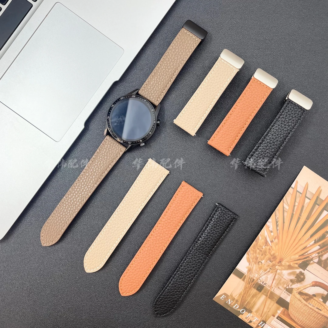 【表带】适用华为watch4荔枝纹皮表带gt5/gt3pro磁吸折叠扣GT4新款