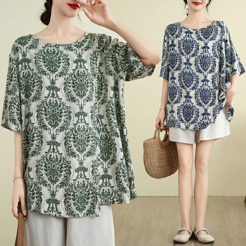 复古民族风绵绸大码女装中老年五分袖T恤夏季不规则宽松遮肚上衣