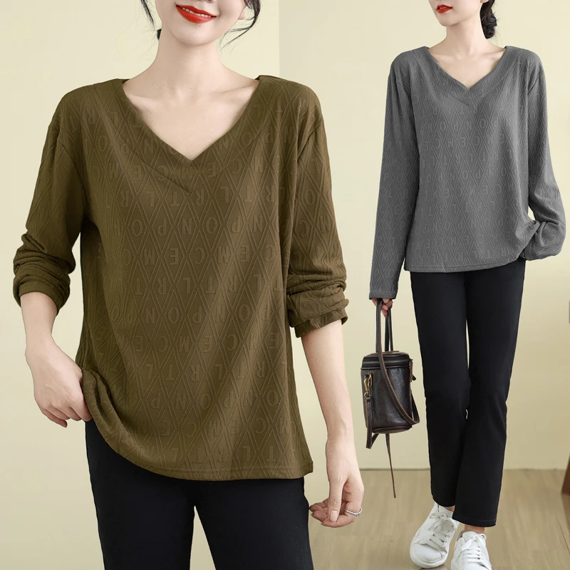 韩版新款字母提花V领胖MM冬季打底绒衫T恤秋季长袖上衣大码女装