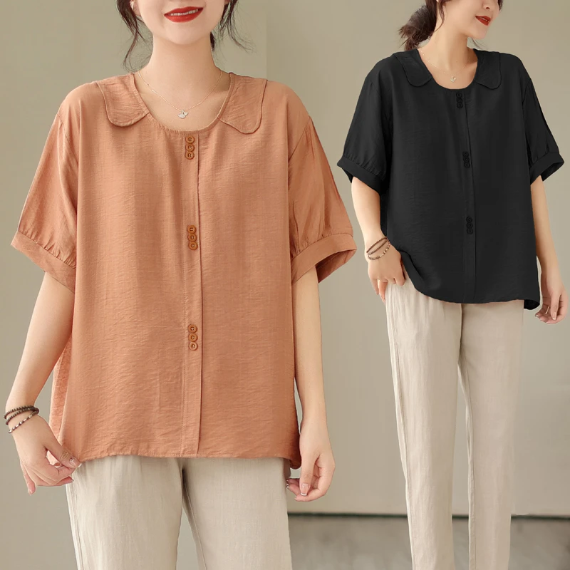 夏季冰丝亚麻短袖衬衫胖MM显瘦遮肉大码女装上衣服宽松T恤妈妈装