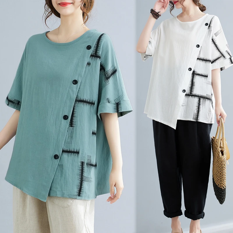 夏季新款棉麻显瘦大码女装胖MM宽松遮肚子圆领短袖衬衫上衣服妈妈