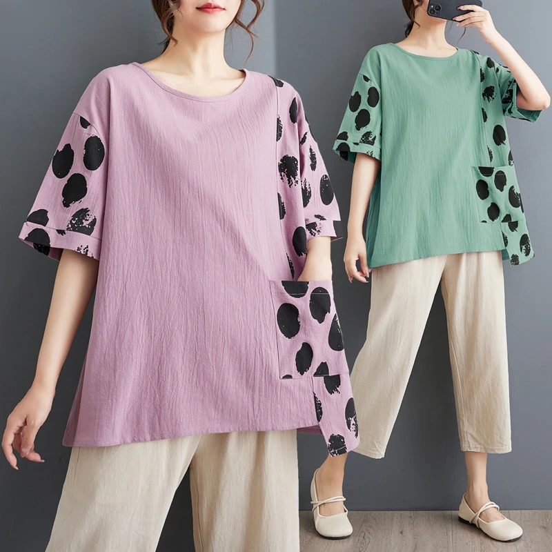 夏季新款棉麻大码女装韩版新款不规则拼接短袖上衣妈妈装宽松T恤