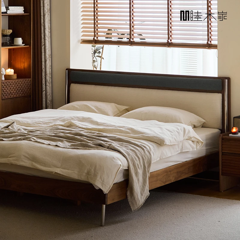 睦木家北美黑胡桃木实木床1.8米日式主卧小户型复古色双人软包床