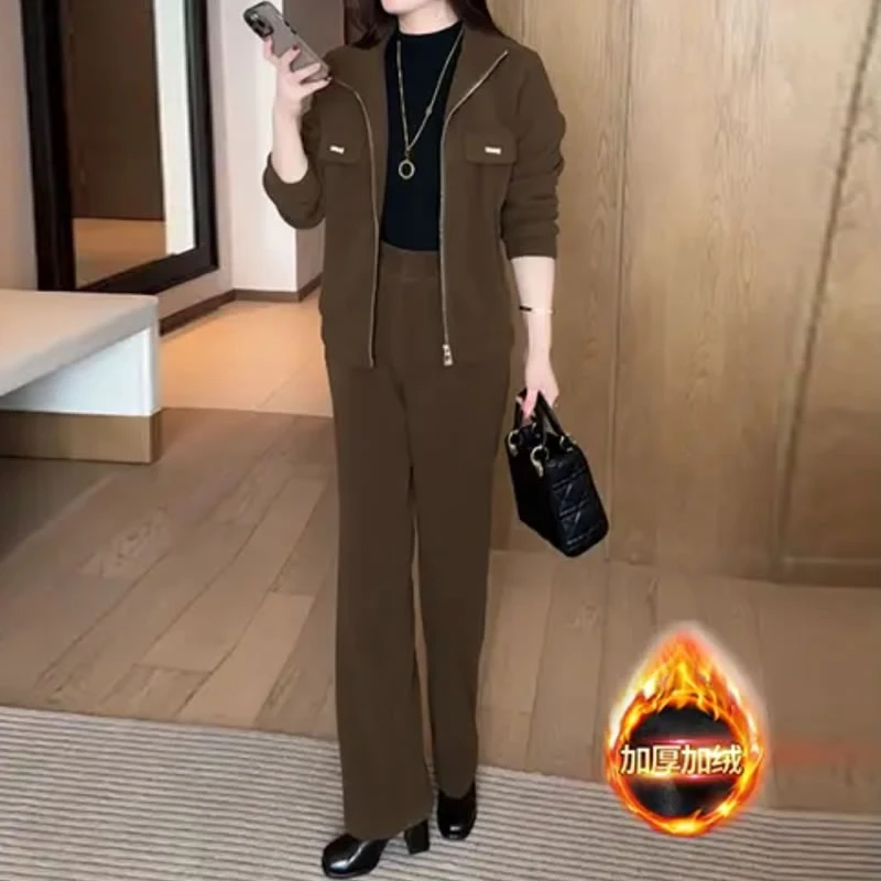 时尚洋气减龄休闲两件套女2024秋冬新款百搭气质穿搭加绒加厚套装