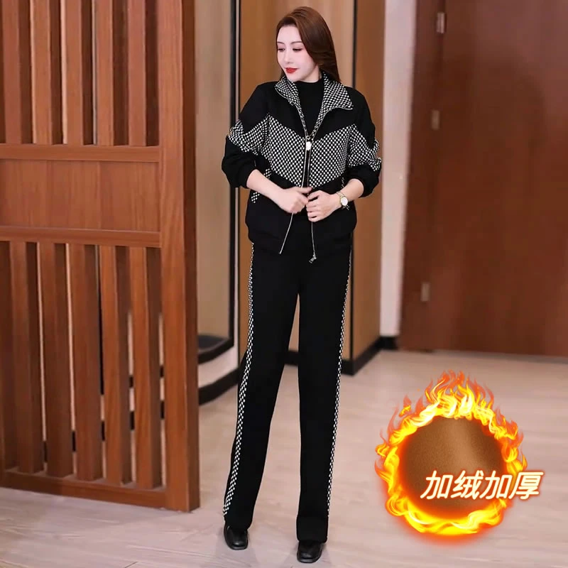 时尚高级感拼接格纹两件套女2025秋季新款洋气百搭显瘦加绒套装女