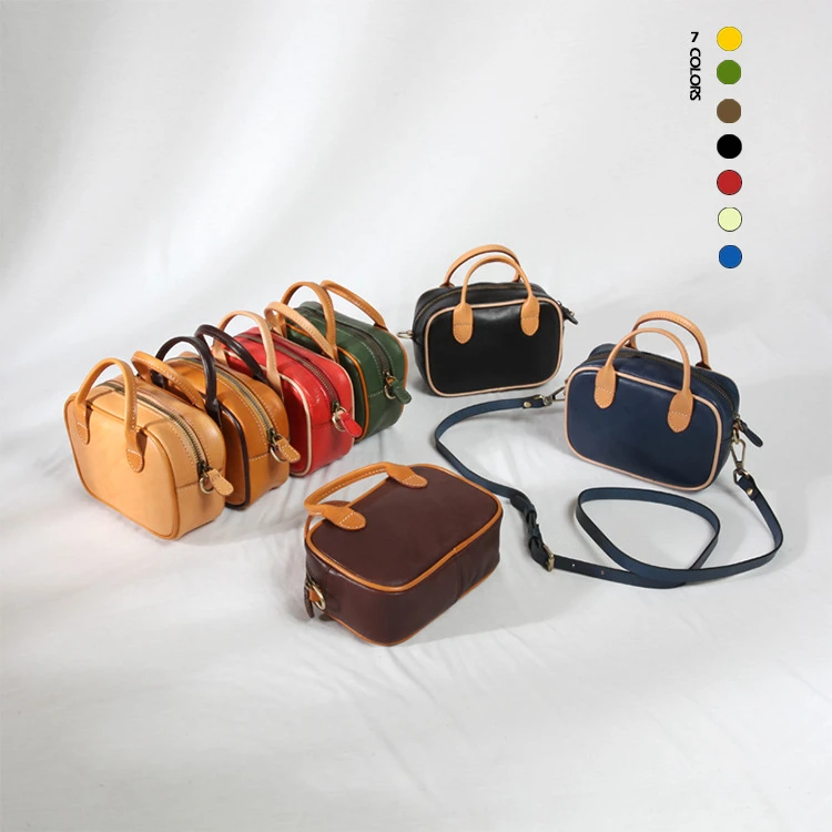 植鞣头层牛皮横款小方包拉链封口式单肩斜挎包小容量手提包