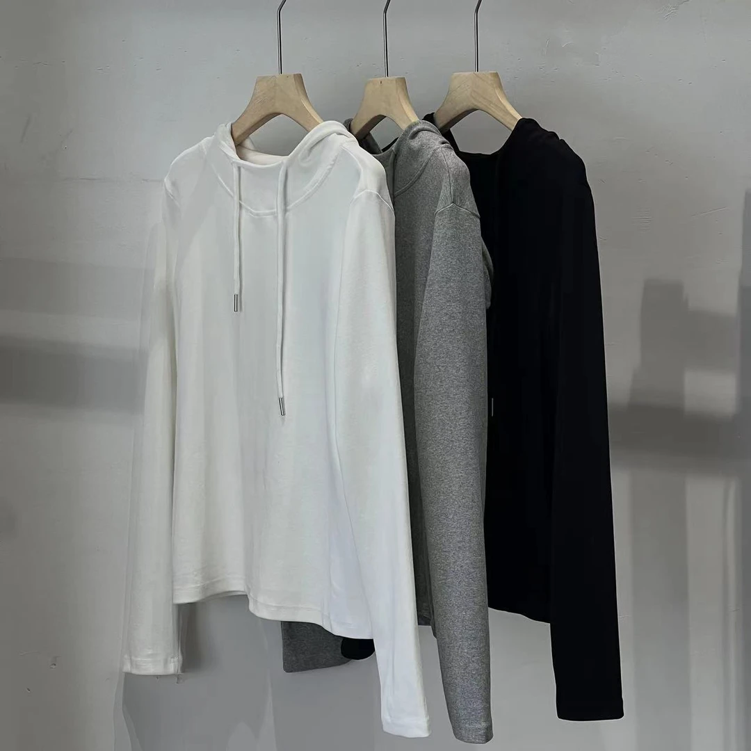 【ATAYI】2024早秋长袖T恤百搭连帽宽松纯色T恤58328#