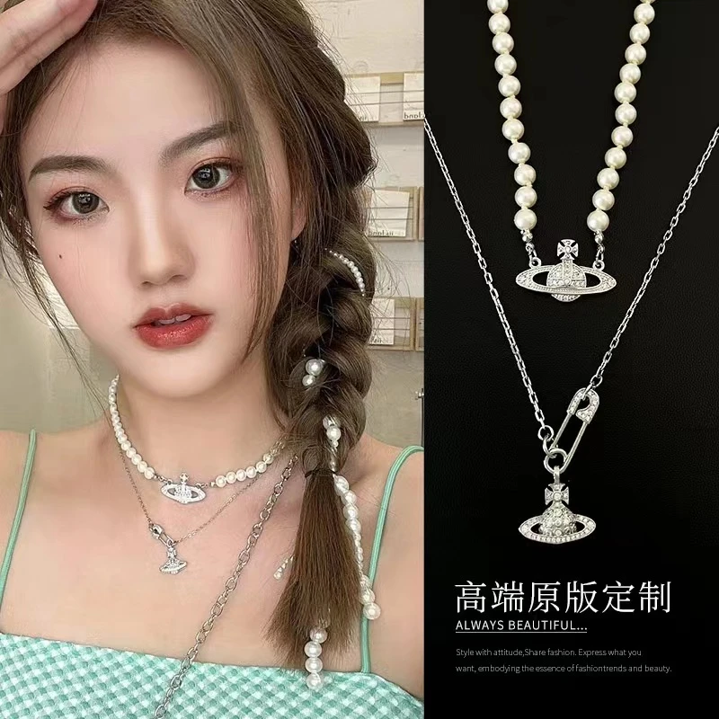 铜合金仿珍珠项链 轻奢星球项链女坠链别针高级叠戴颈链项链女