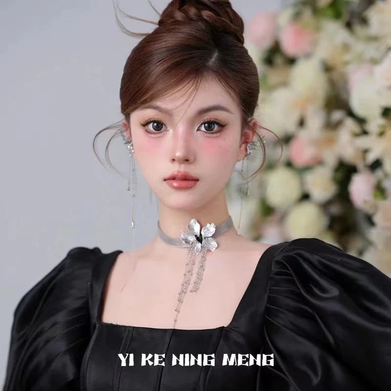 铜合金项链 暗黑冷淡风金属质感花朵流苏项链纯欲风choker锁骨链