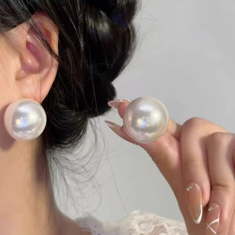 铜合金仿珍珠耳饰 925银针夸张超大珍珠耳钉韩国复古气质耳坠百钉