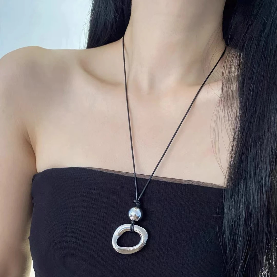 铜合金吊坠 欧美个性夸张几何图形吊坠项链潮流可调节皮绳小众设