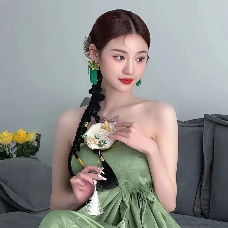 铜合金布艺耳饰 国风长款合金滴油镶钻花朵流苏耳环波西米亚耳坠