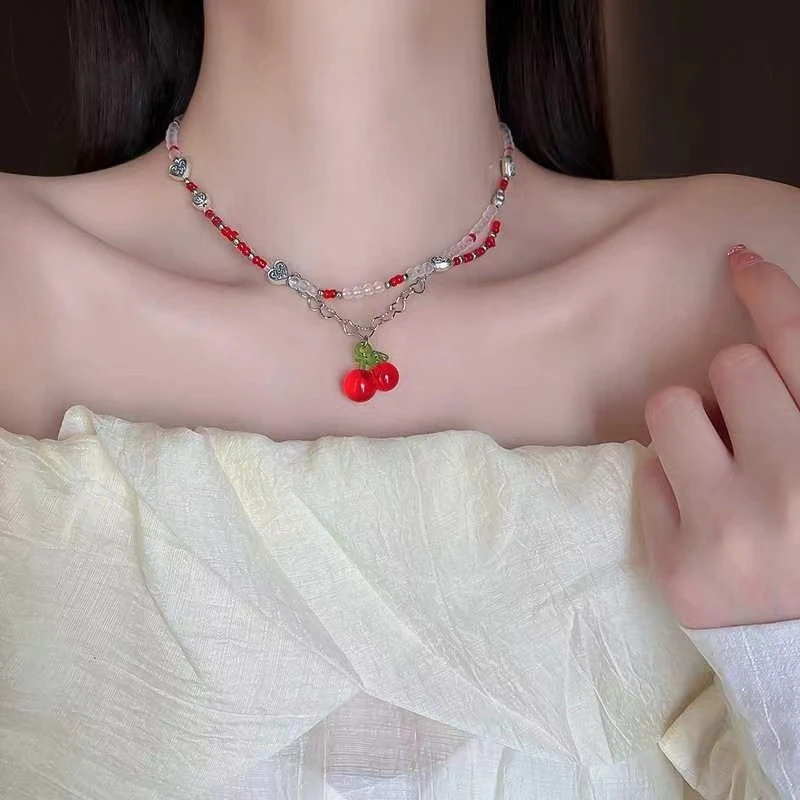 铜合金项链 森系红色樱桃小众设计串珠双层爱心项链锁骨链女潮
