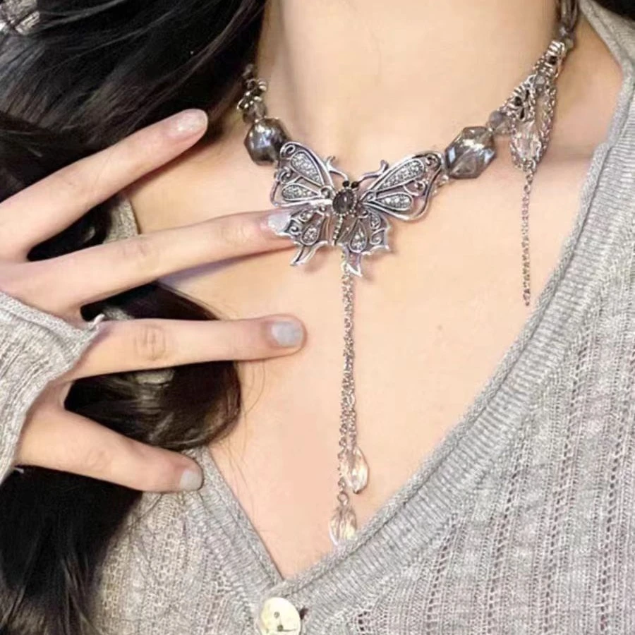 合金项链 复古超仙暗黑气质辣妹蝴蝶项链重工轻奢ins锁骨链手工