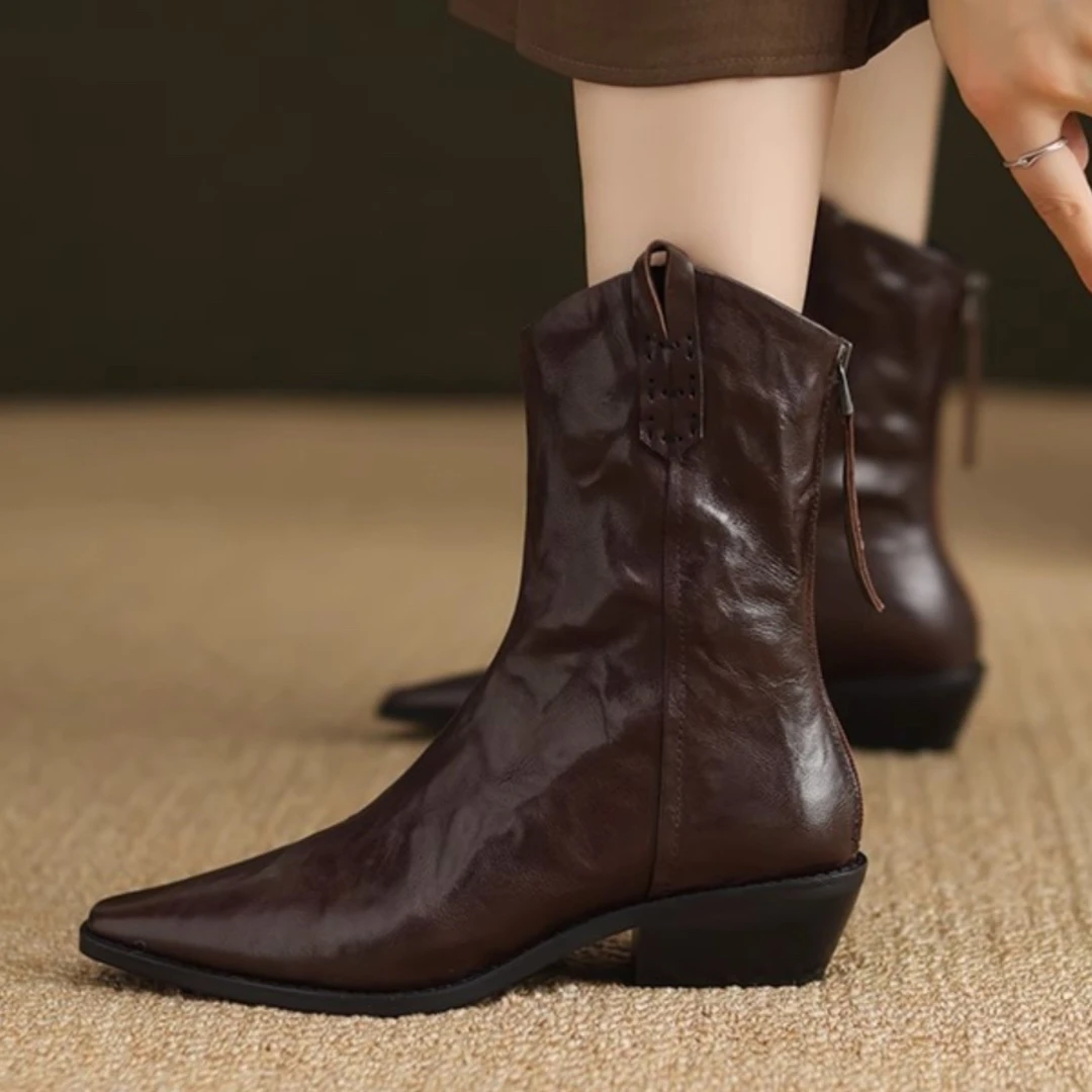 粗跟牛皮瘦瘦靴697690棕色