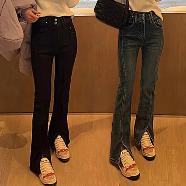 《 香姐专属 》时尚开叉裤脚百搭显瘦显高双扣牛仔长裤黑蓝女微喇叭