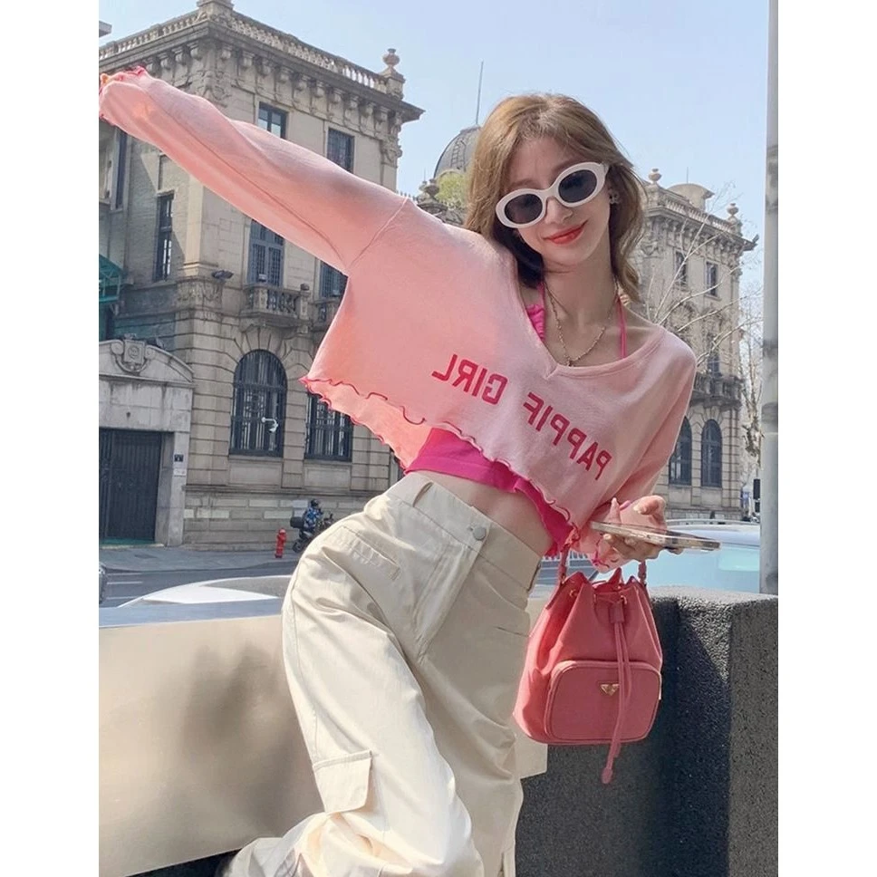 美式辣妹上衣别致吊带背心短款长袖T恤设计感防晒罩衫纯欲两件套