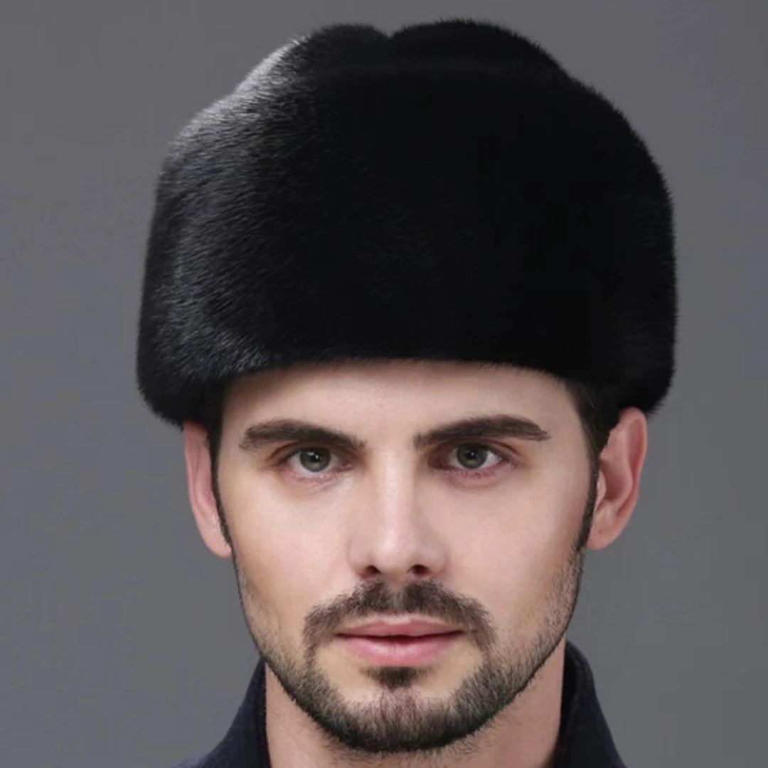 水貂法式地主帽男士经典保暖整皮整版皮草帽子百搭黑色