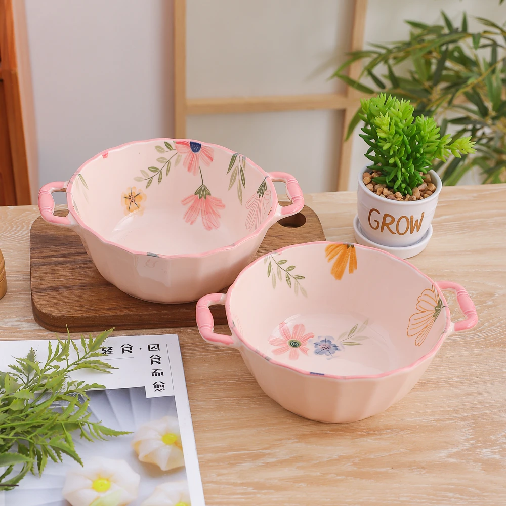 珊瑚海系列可爱小清新家用陶瓷餐具9英寸竹柄花边汤盆汤碗