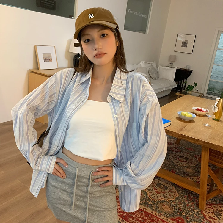 NCTA夏季薄款防晒衬衫上衣女设计感宽松慵懒长袖蓝色条纹休闲衬衣