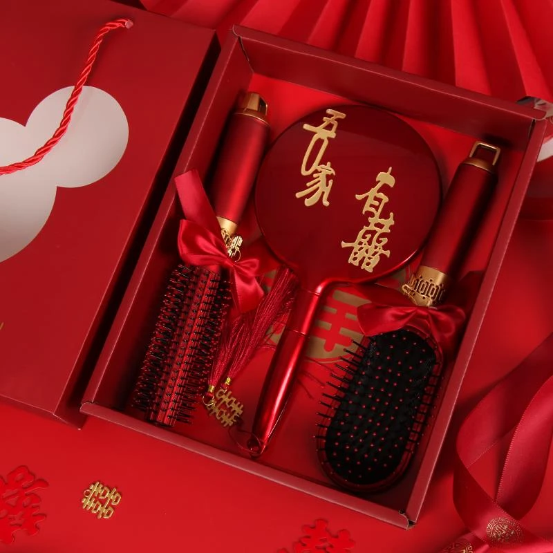 结婚梳子红色气垫梳一对新娘女方陪嫁喜镜子套装礼盒礼物婚庆用品