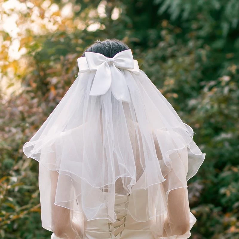 头纱领证登记拍照道具新娘主婚纱求婚简约蝴蝶结头饰儿童轻纱发饰