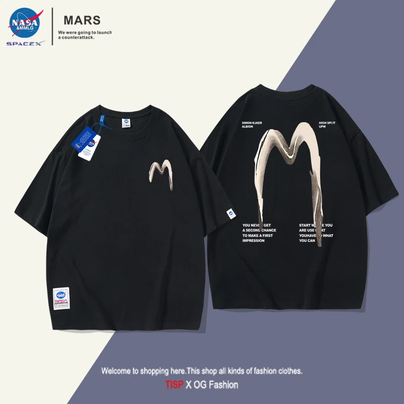 NASA简约潮流圆领短袖夏纯棉透气T恤重磅五分袖宽松短袖男情侣装