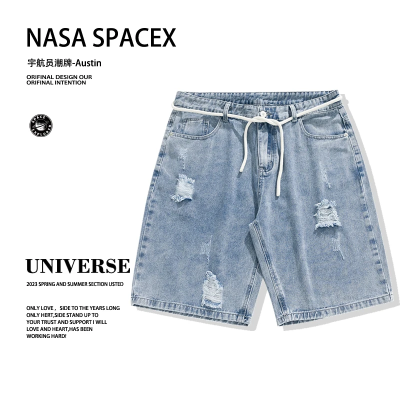 NASA美式复古男士牛仔短裤夏季薄款新款高街直筒裤休闲宽松五分裤