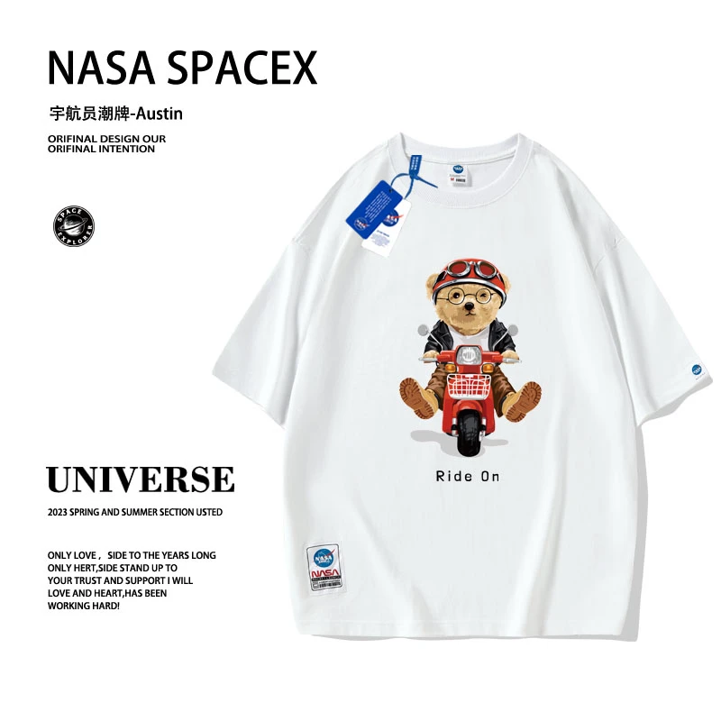 NASA男士国潮时尚圆领短袖夏季纯棉透气T恤宽松oversize情侣装