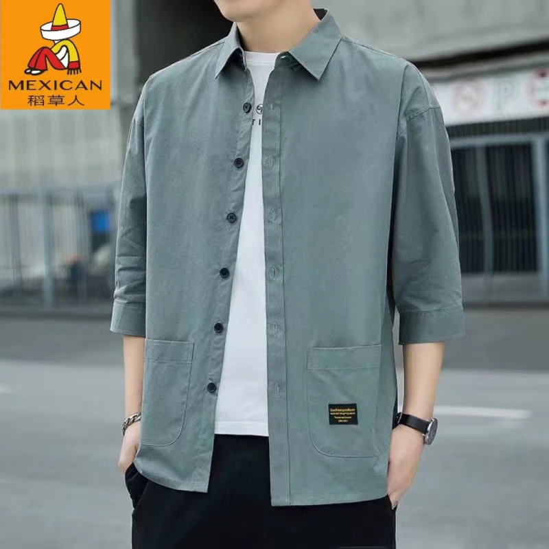 稻草人全棉夏季男士男装七分袖衬衫爸爸宽松衬衣外穿上衣中袖