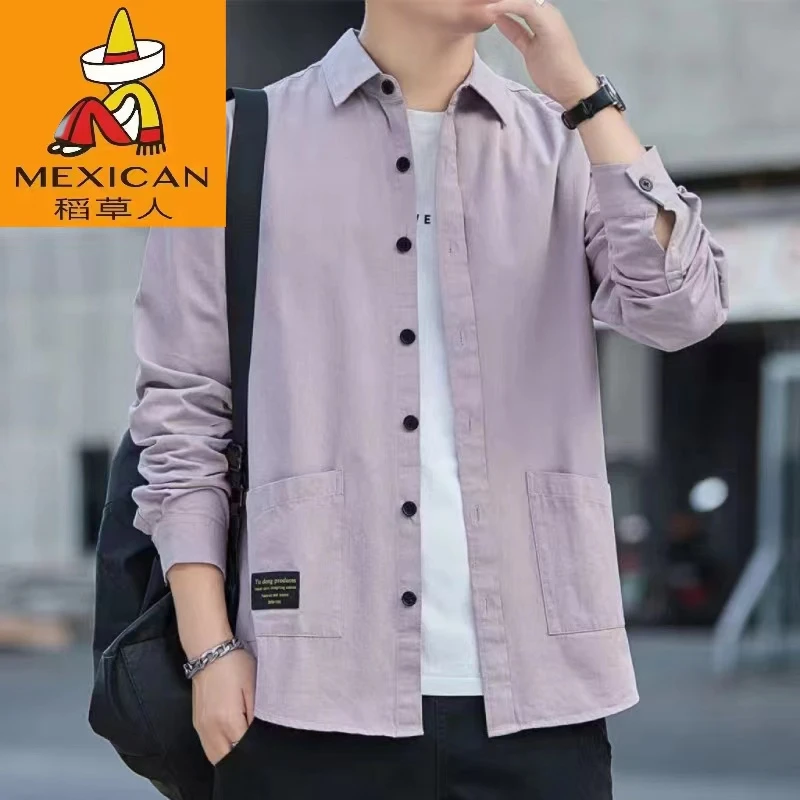 稻草人纯棉长袖衬衫男士春秋装港风宽松工装中老年全棉男衬衣外套