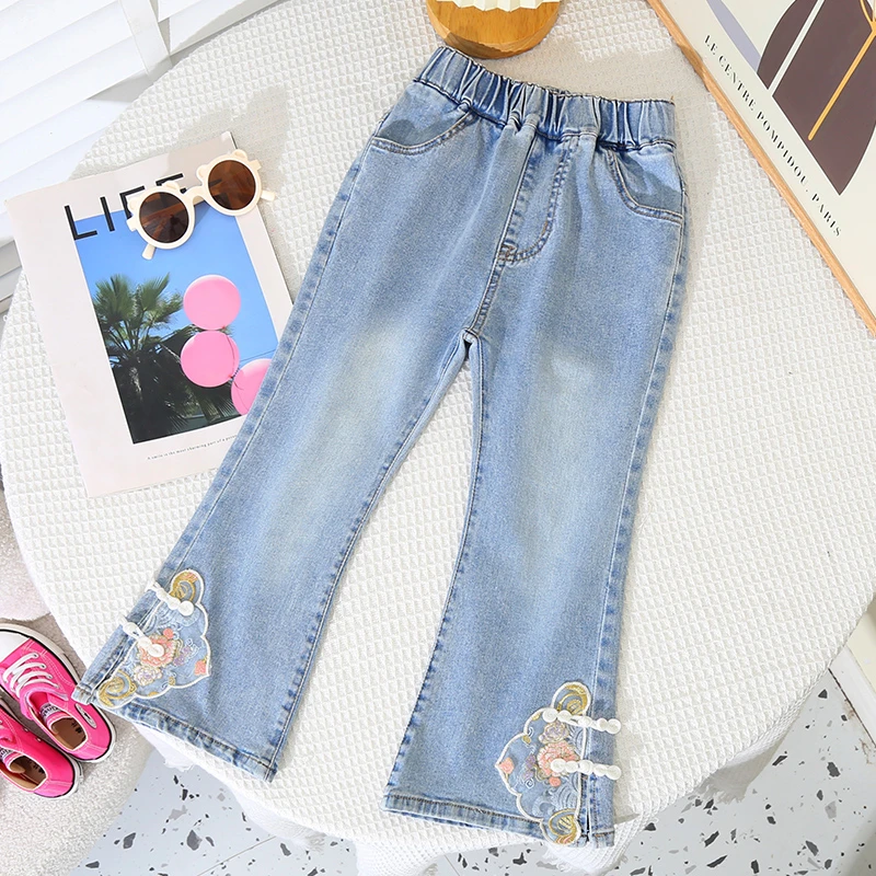 女童春夏新款儿童牛仔喇叭裤中国风牛仔喇叭裤宝宝时髦休闲长裤