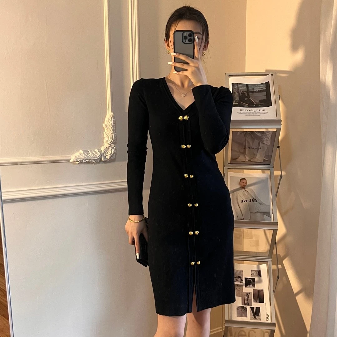 莫莉庄园长裙针织连衣裙开衫修身显瘦气质开叉22186