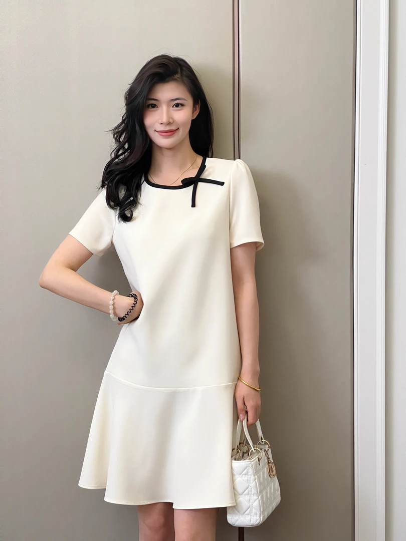 Molly Manor/莫莉庄园气质时尚修身撞色百搭优雅显瘦千金风连衣裙