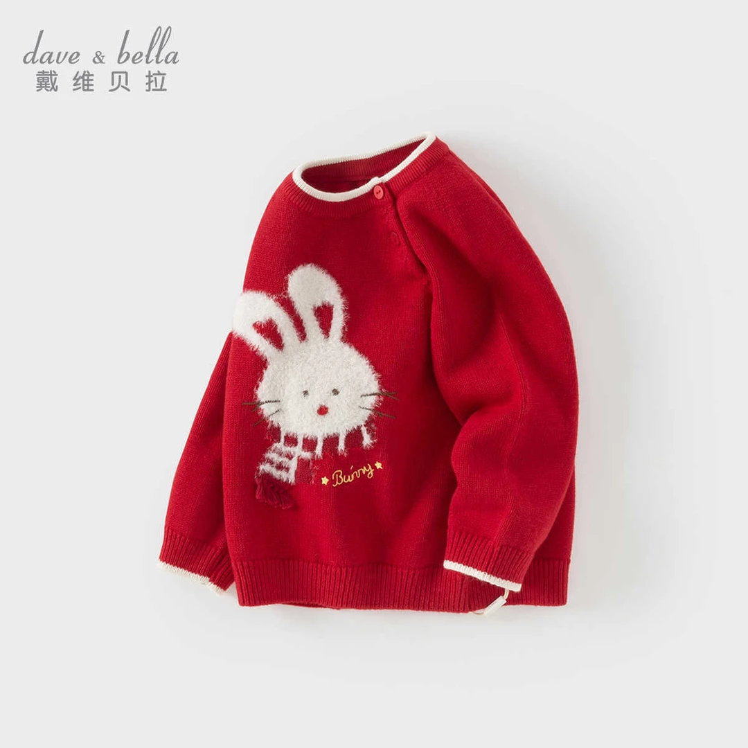 戴维贝拉女童冬季新款毛衣套头衫宝宝红色新年针织上衣DB4242951